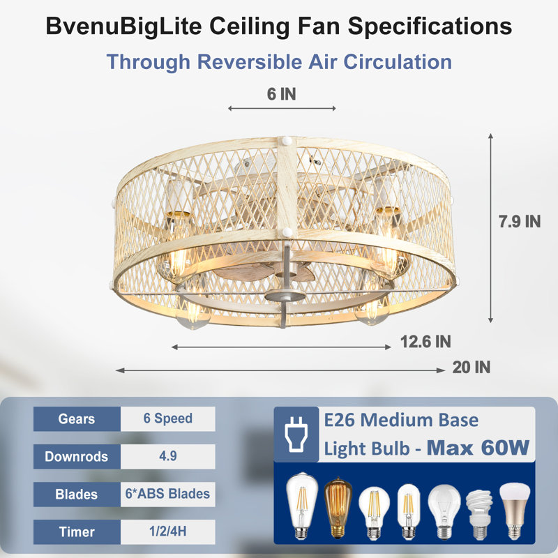  Ventilateur de plafond encastré en ciment 20 po avec lumière, télécommande, moteur CC réversible à 6 vitesses, ferme rustique Fandelier