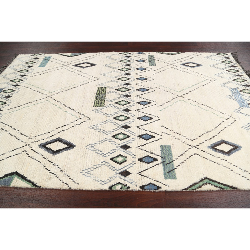 Tapis ivoire en laine noué à la main de conception unique 5 pi 9 po x 9 pi 4 po New Age