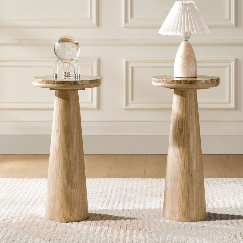 Oxner Modern Round End Table with Genuine Marble Top and Oak, Brown Top/Oak Base