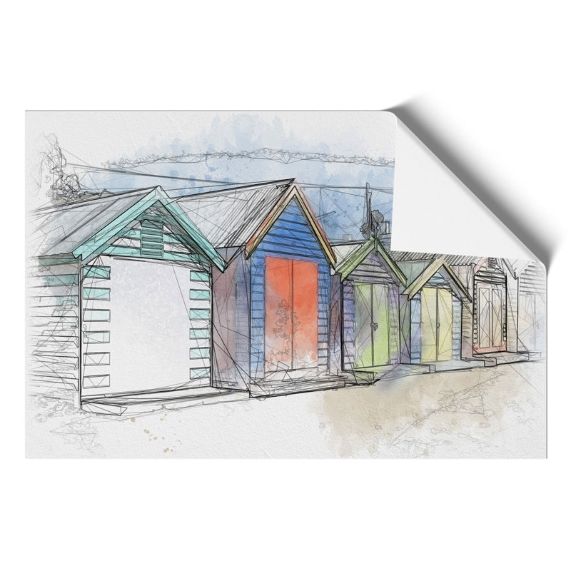 Colourful Beach Huts Sketch - Frameless Print, 42cm H x 59cm W x 0.1cm D