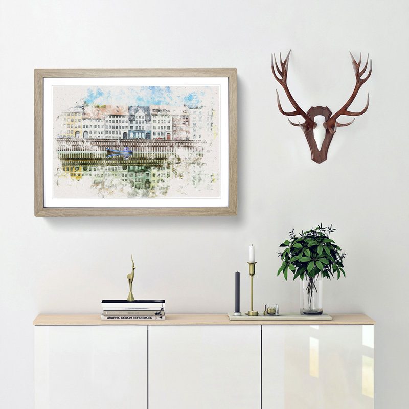 Nyhavn in Copenhagen - Picture Frame Painting Print, 36cm H x 48cm W x 2cm D, Oak Framed