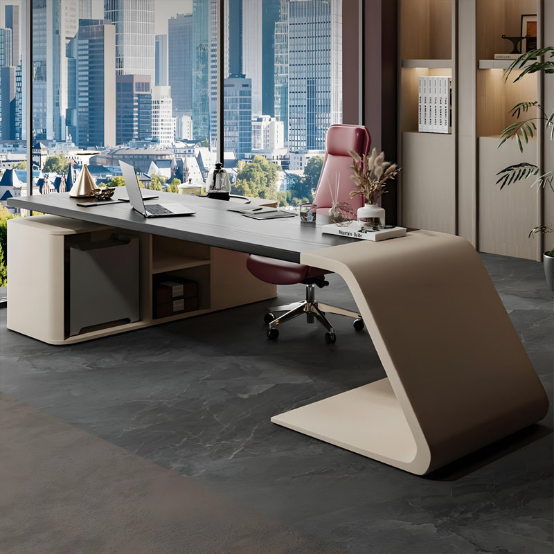 98.43"Black and White Color-blocked Pine Desktop Office Desk with Tea Tray and Induction Cooker