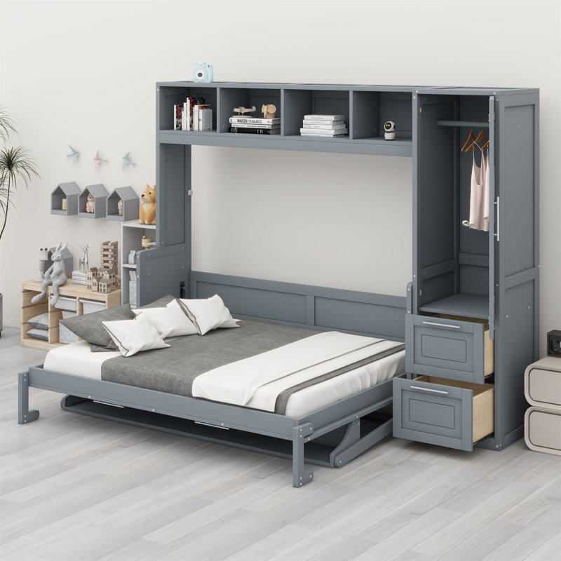 Lit escamotable Murphy avec placard et tiroirs, Gris