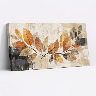 Autumn Leaves Branch on Textured Beige Canvas Wall Art