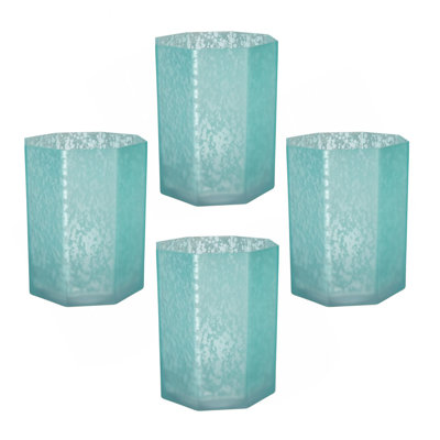 5.1X5.1X5.9" Aqua Blue Frosted Mercury Glass Octagonal Candle Holder,4 Pack
