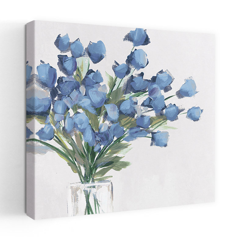 «Blue Blooms In Glass Vase», art mural contemporain abstrait, H 18 po x l 18 po