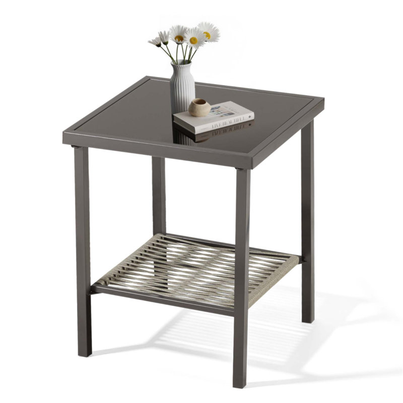 Durable Outdoor Wicker Side Table, All-Weather Rattan With Powder-Coated Steel Frame For Patio And Balcony Use