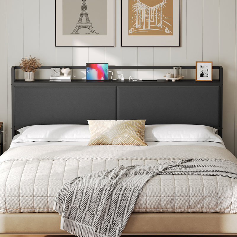 Upholstered Headboard Metal Frame with Charging Station and Storage, Queen, Black