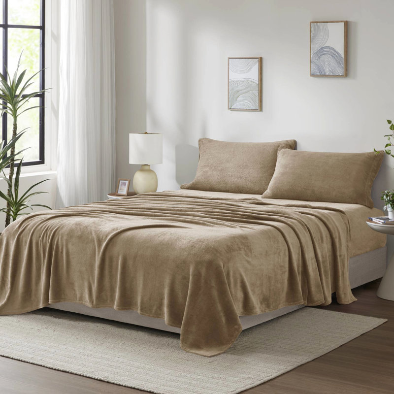 4 draps très grand taupe - 100% douillet et ultra doux avec des draps-housses 2 taies d'oreiller brossées des deux côtés Lavable à la machine