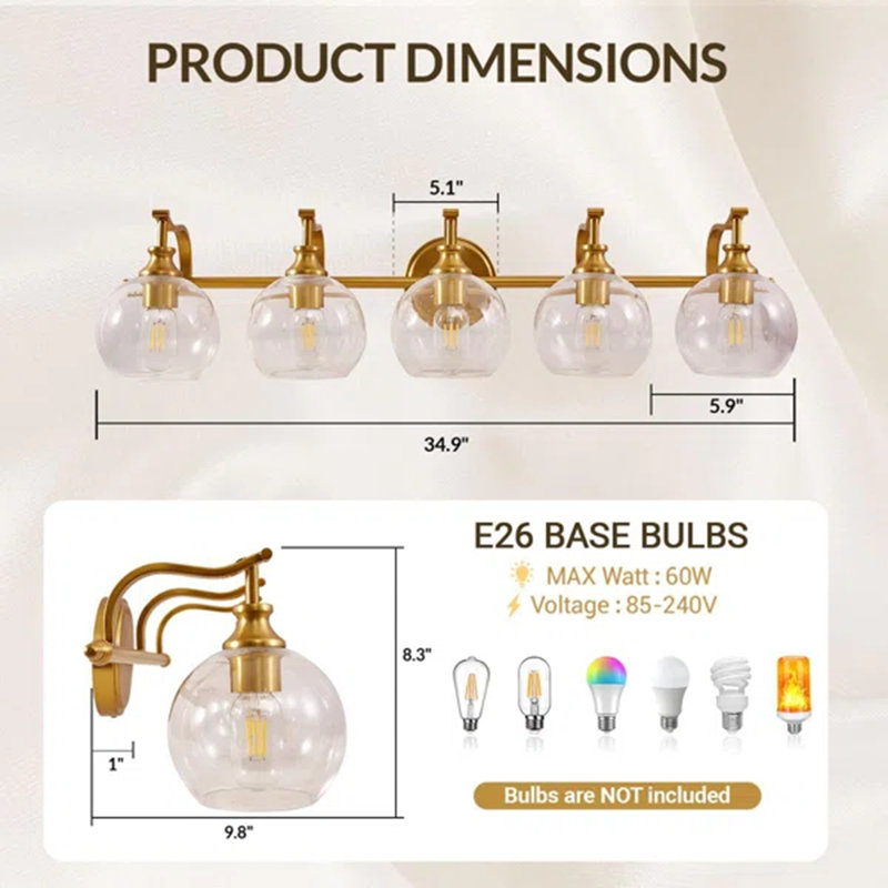 Modern Globe Clear Glass Bathroom Vanity Light Fixture with Metal Gooseneck Frame, 5, Brushed Gold