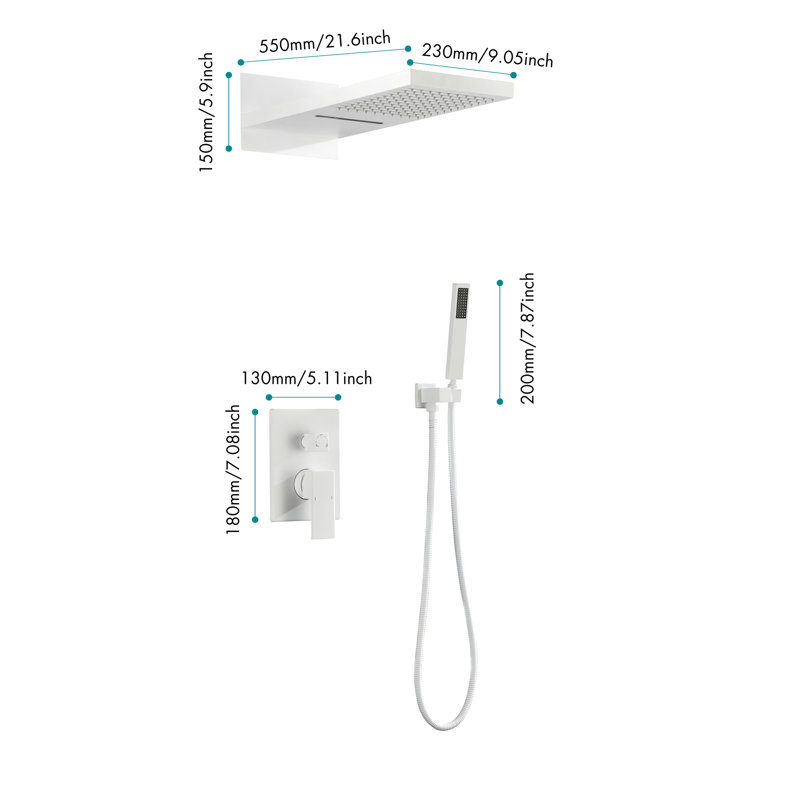 Bathroom Shower Faucet - Wall Mounted With Waterfall Rainfall Head & Handheld, White Brass Kit For Setup Mounted,