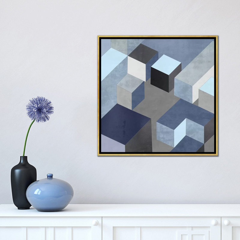 «Cubic in Blue I» par Todd Simmons - impression d'art graphique, Toile encadrée d'or, H 18 po x l 18 po x 1,5 po