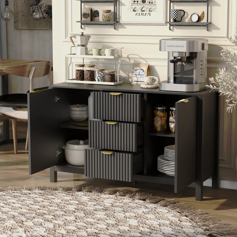 Buffet à motif ondulé - 3 tablettes réglables, 3 tiroirs et portes à fermeture en douceur, console de rangement avec poignées en métal, convient pour le bureau, le couloir et le salon