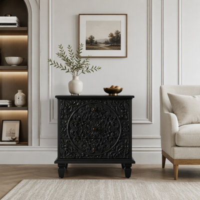 Table de chevet en bois sculpté à 3 tiroirs, commode décorative en relief à volutes rétro, rangement pour chambre à coucher et salon