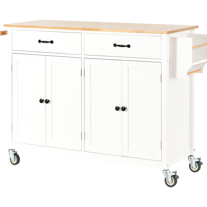 Solid Wood Kitchen Island Cart In White, 4 Door Cabinet With Plenty Of Storage, 2 Drawers, Spice & Towel Rack, Locking Wheels White Top, 4-Door Wheel System