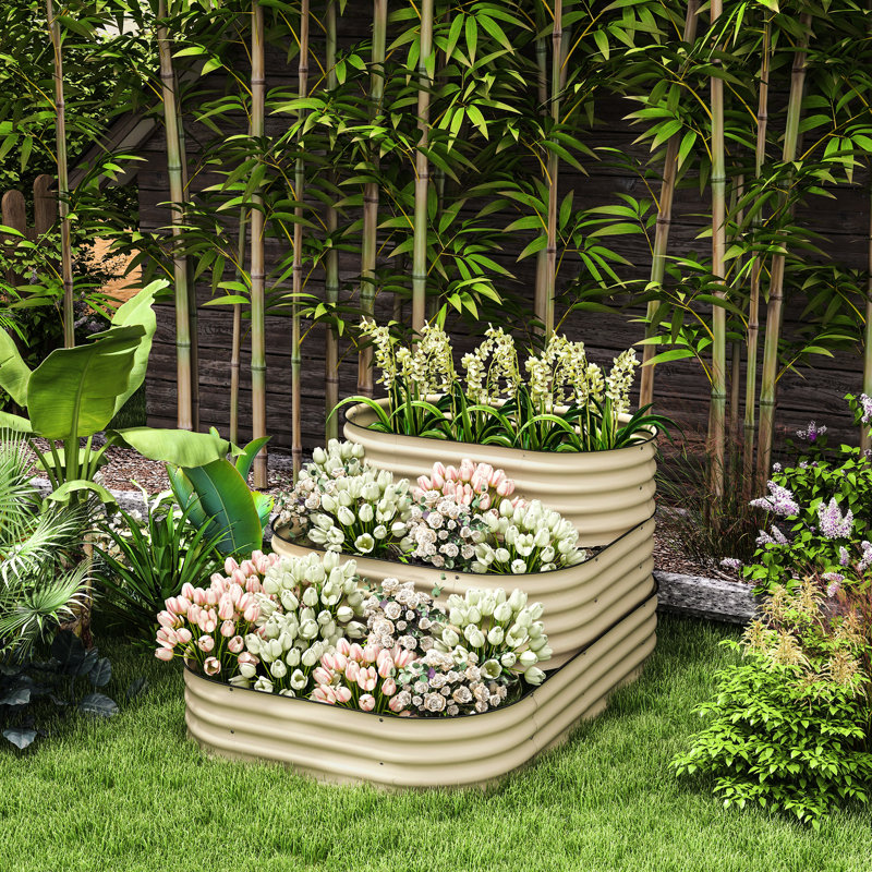 Galvanized Steel 3 Raised Garden Bed Kit, 61.67"X43"X32.34", Creamy White, 3 Planter Boxes With Rubber Strip Edging For Backyard Bed, 61.67" X 43" 32.34", Cream Flexible Outdoor & Patio