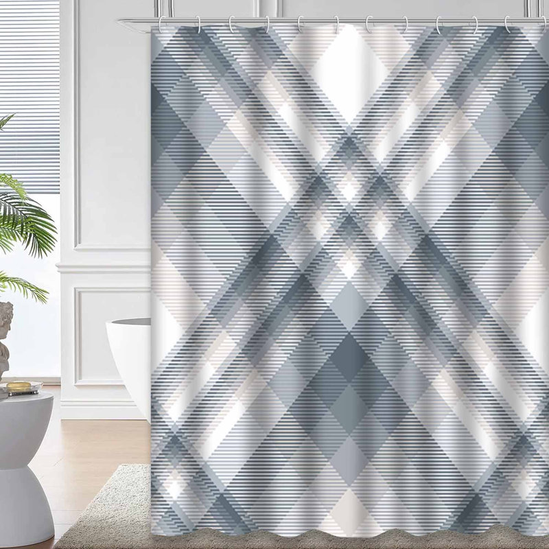 Rideau de douche à carreaux gris, beige, blanc et bleu avec 12 crochets, L 72 po x l 72 po