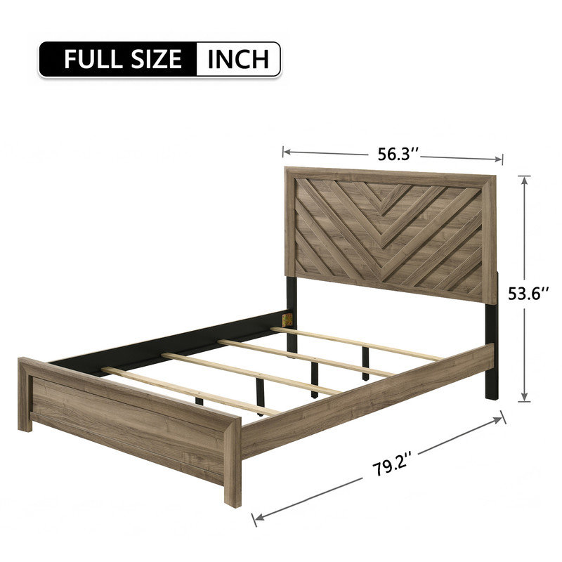 Base de lit plateforme en bois à chevrons avec tête de lit texturée et finition naturelle chaleureuse, Lit double