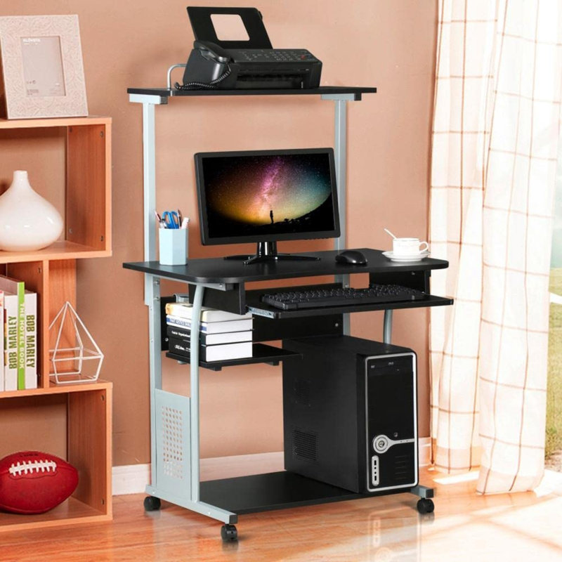 2 Tier Mobile Computer Desk With Printer Shelf & Keyboard Tray Rolling Computer Table For Small Spaces, Compact Study Workstation With Wheels, Space Saving, Black