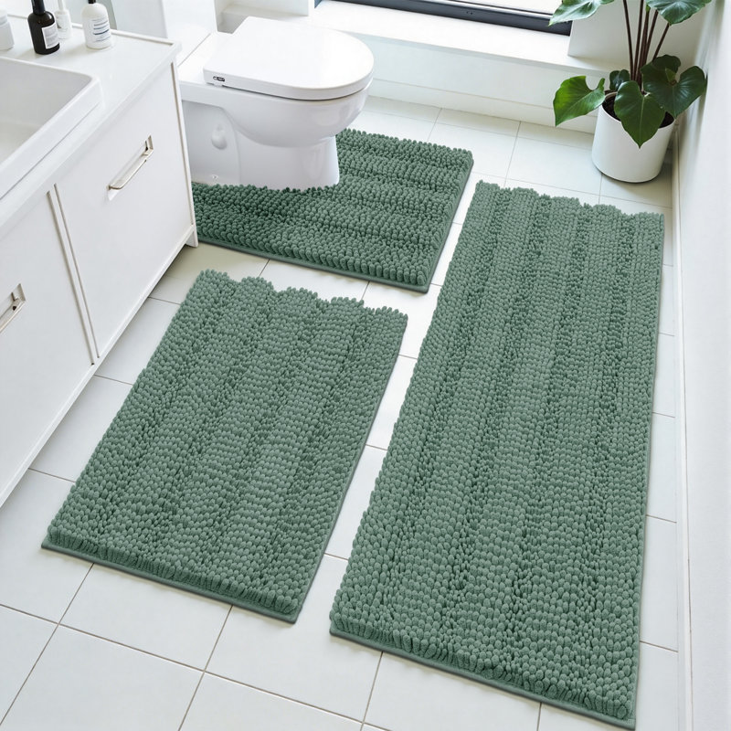 3 Piece Soft Absorbent  Bath Rug Set With Non-Slip Backing, Green