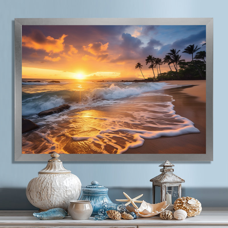 Photo de plage, coucher de soleil, Serenade IX - art mural plage côtière, Cadre simple argenté, H 34 po x l 44 po x P 1,5 po