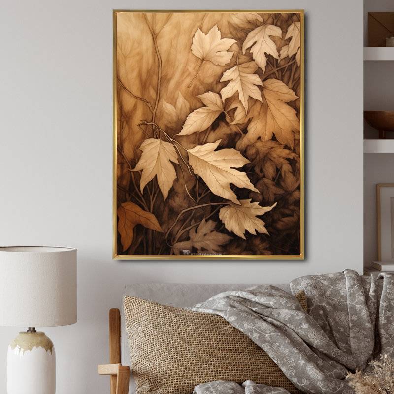 «Brown Beige Leafs Harmony III», reproduction sur toile, H 40 po x l 30 po x P 1,5 po, Cadre flottant doré
