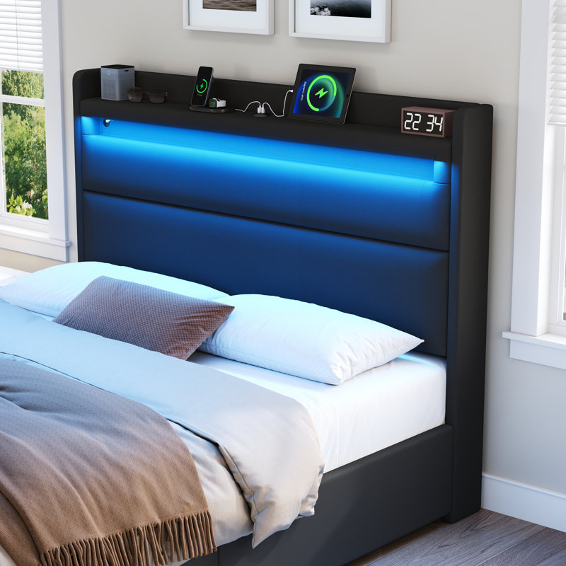 Upholstered Wingback Storage Bed Frame, Led Lights Headboard&4 Storage Drawers, Full, Black