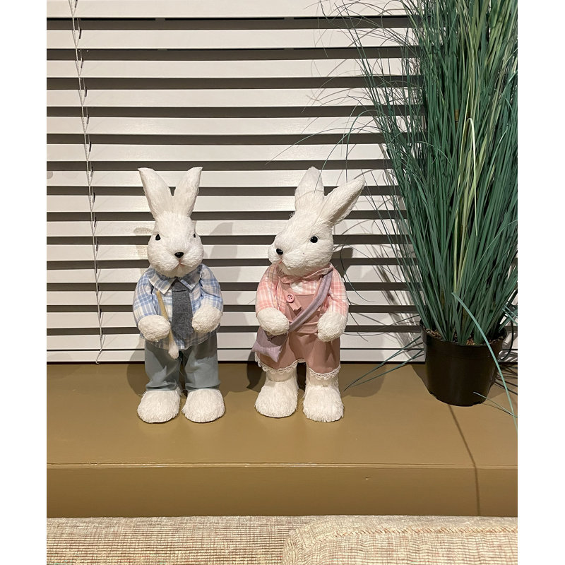 14" Easter White Sisal Standing Dressed Bunny, Set Of 2