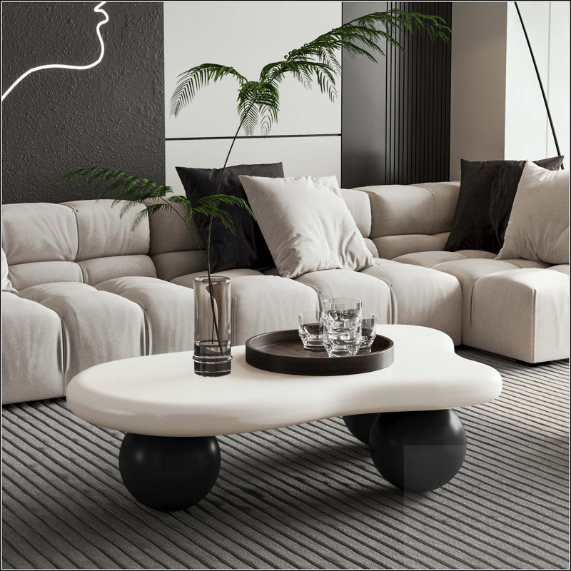 Table basse en forme de nuage avec 3 pieds sphériques, Blanc/Noir, H 11,7 po x L 40 po x l 26,8 po