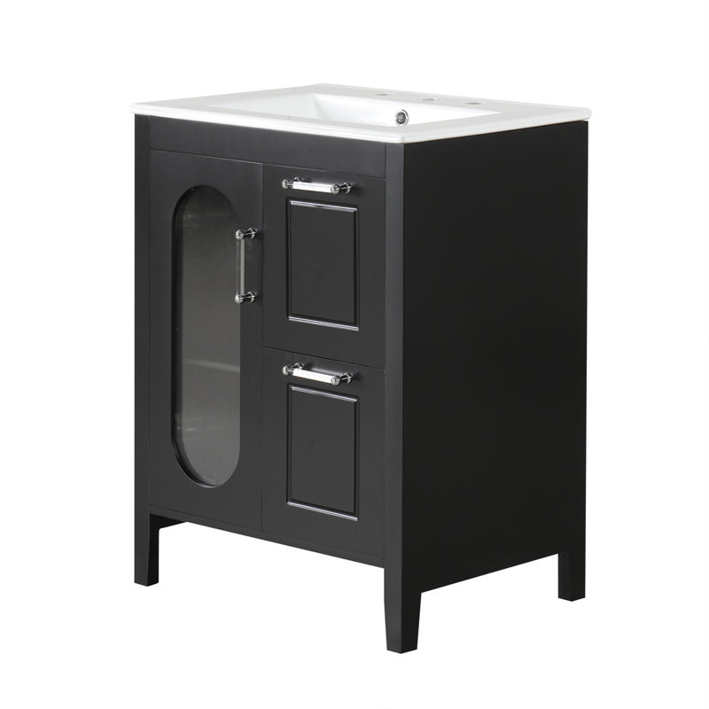 Meuble-lavabo 24 po avec lavabo, meuble-lavabo avec deux tiroirs et porte, tablette réglable, bois massif et panneau de fibres à densité moyenne, noir