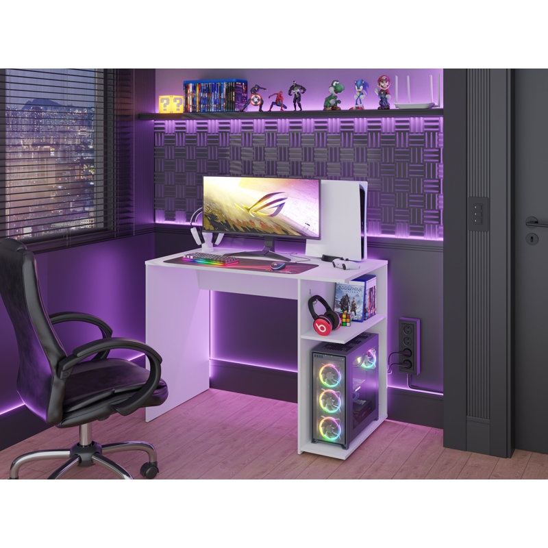 Gaming Computer Desk 39 Inch with 2 Shelves and Headphone Hanger Wooden Sturdy Home Office Table for Kids and Adults, White