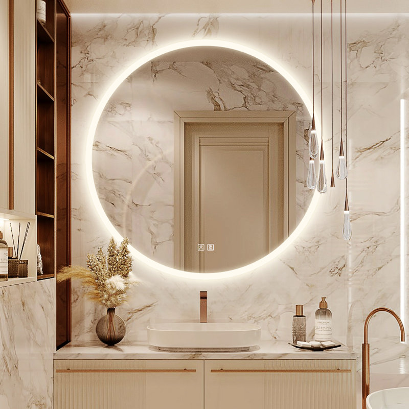 Miroir rond de salle de bain / meuble-lavabo à économie d'énergie avec DEL argentée sans cuivre Naliyah, 40 po x 40 po