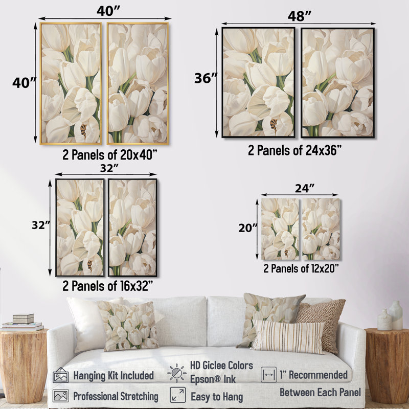 Minimalisme, tulipes beiges, symphonie III, art mural traditionnel jaune, H 36 po x l 48 po, Framed Print without Mat, Noir
