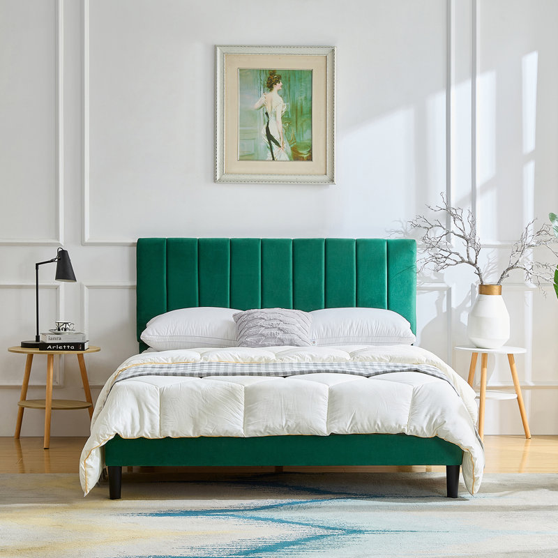 Upholstered Platform Bed, Full, Green