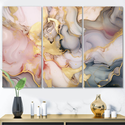 Ensemble de 3 pièces grises et roses tendres à l'encre liquide I sur métal
