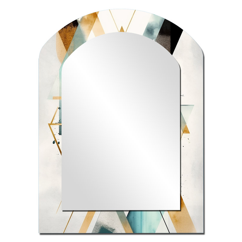 Green Triangle Boho IV - grand miroir mural arqué géométrique, miroir décoratif asymétrique vert, impression sur métal