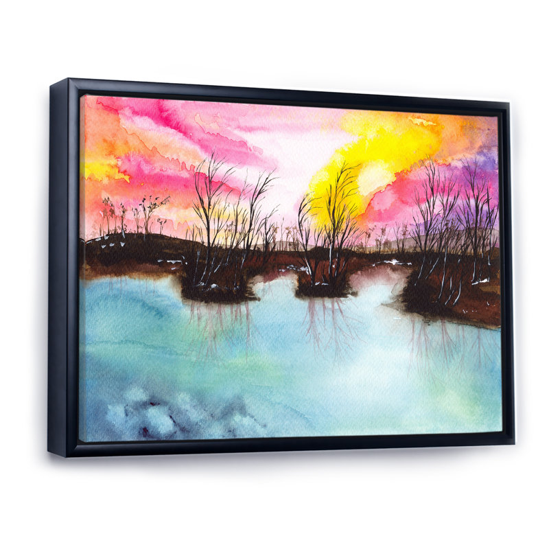 «A Landscape With A Blue Lake Swampy Shore», reproduction sur toile, H 24 po x l 32 po, Toile à cadre flottant noir