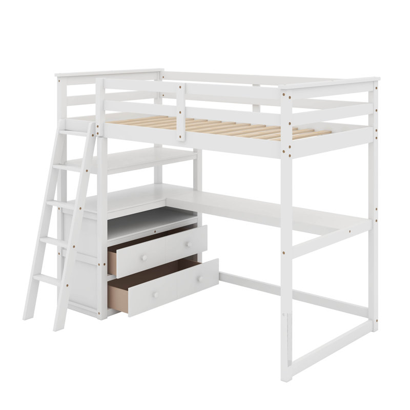 Lit mezzanine simple avec bureau et tablettes, Lit simple, Blanc