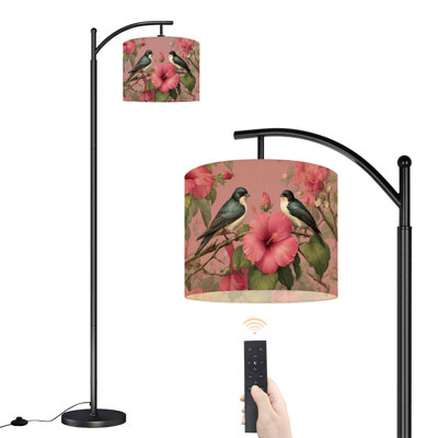 Arc Floor Lamp Three Birds Perched Flowering Branches Pink Blossoms Hibiscus Soft Floor Lamps with Remote LED Lights Adjustable Lamp Shades Tall Standing Lamps for Reading Office Living Room