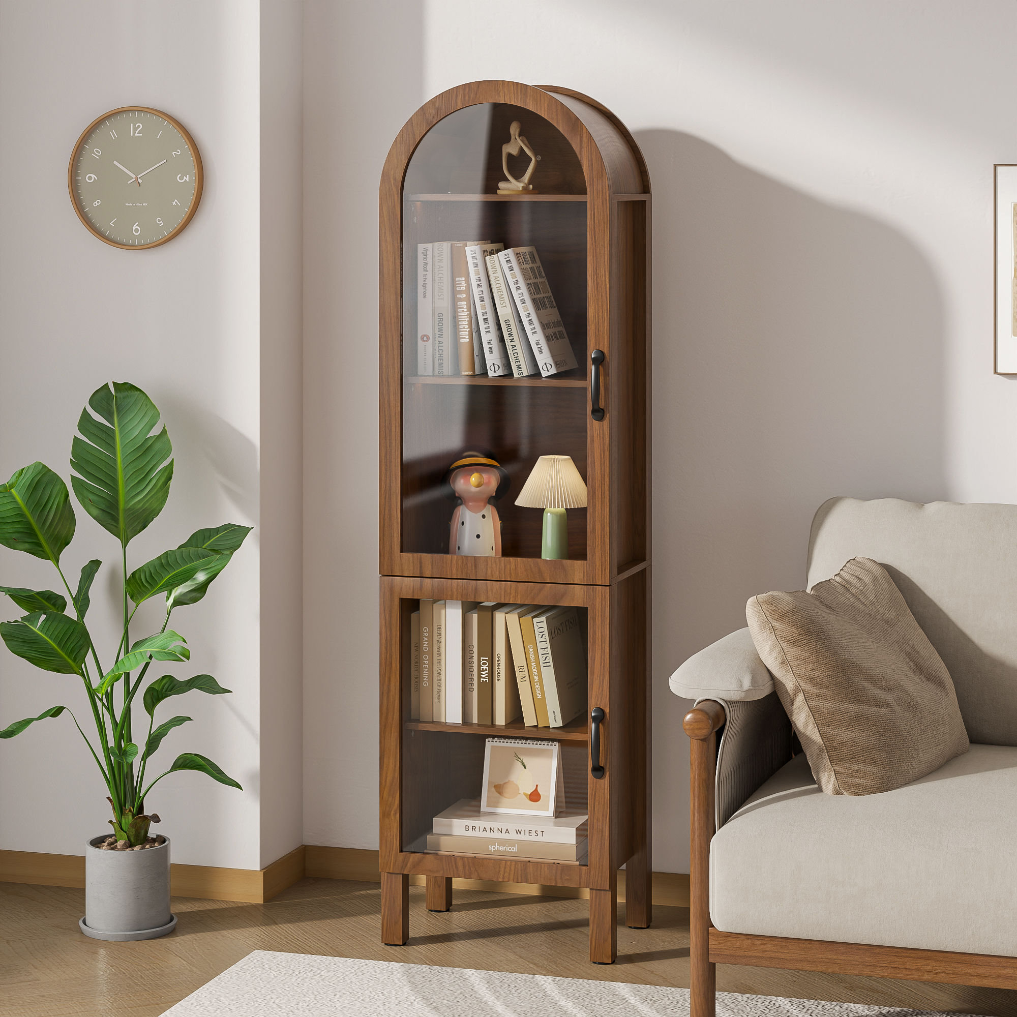 Winston Porter Arched Display Cabinet Bookcase With Glass Doors, Farmhouse Dining Cabinet With Storage, Arch Accent Cabinet For Living Room | Wayfair
