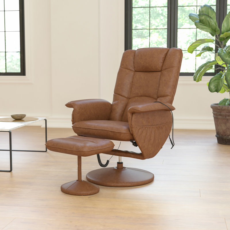 Massaging Multi-Position Recliner with Deep Side Pockets and Ottoman with Wrapped Base, Brown