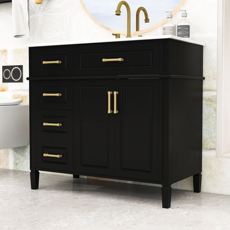 Meuble-lavabo avec lavabo en céramique, 4 tiroirs, tablette réglable et charnières à fermeture en douceur, Noir