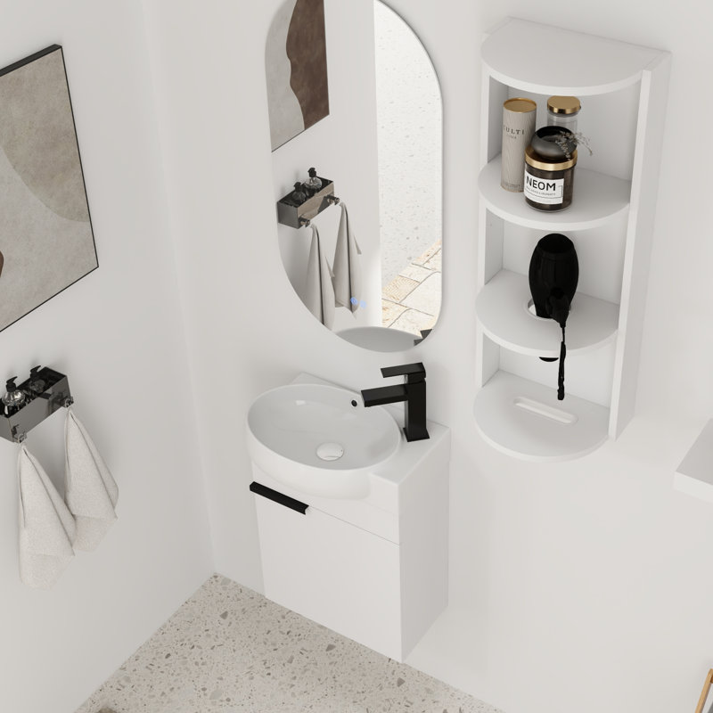 Ensemble de meuble-lavabo simple 16 po avec plateau en céramique et support de rangement flottant 16 po, Blanc