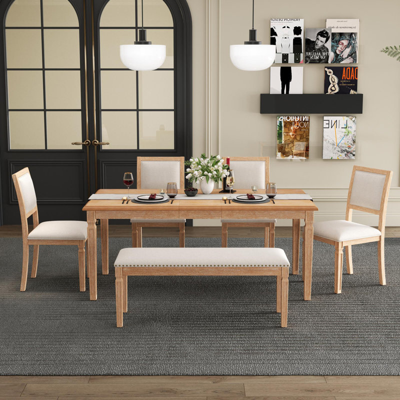 Ensemble de salle à manger extensible 6 pièces avec 4 chaises et un banc, Beige