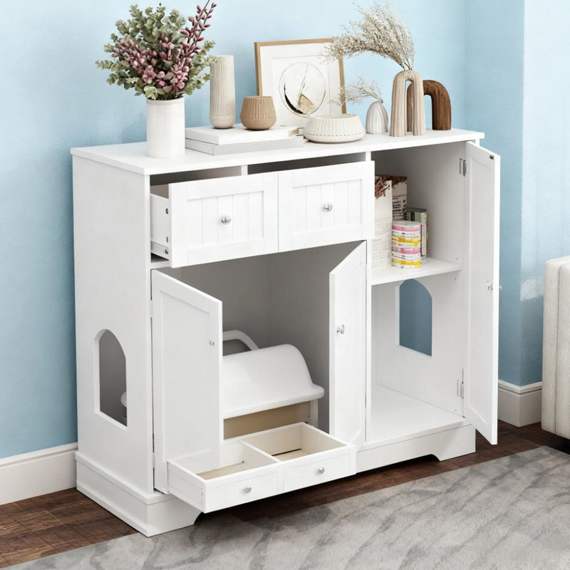 Enceinte de litière blanche pour chat de 39,2 po de largeur, fonctionnant comme table d'appoint et espace privé, minimisant les odeurs, rangement avec tablettes réglables et tiroirs pour chat Stuff X P 17,7 po H 31,5 po, boîte double