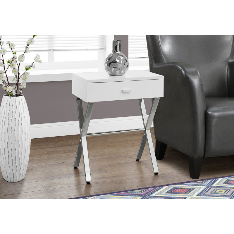 Table d'appoint avec structure en X en métal chromé, Blanc, Argent argent
