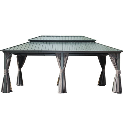Pavillon de jardin 12 pi x 20 pi, structure en aluminium, double toit en acier galvanisé, filet pour cadre de pelouse, patio à rideaux