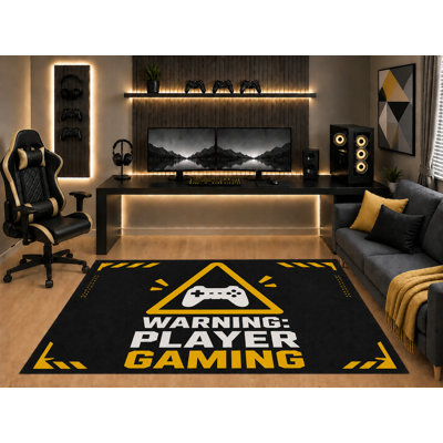"Ultra Light Weight" 5' x 7' Warning Player Gaming Area Rug Controller Sign Graphic Art for Boys Teen Bedroom Game Room Playroom Non-Slip Silicone Backing Low Pile