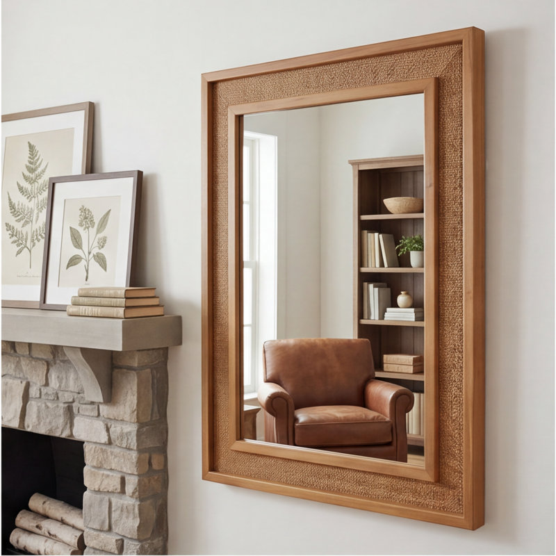 Miroir mural jaune-brun en rotin de 24 po x 36 po avec cadre en bois massif - Décor de ferme pour salle de bain, vestibule, salon