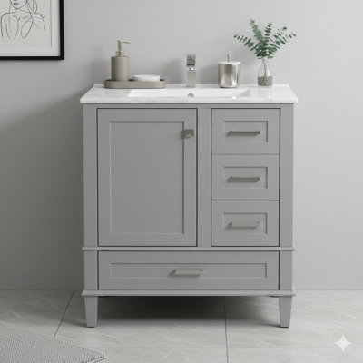 Ensemble de meuble-lavabo de 30 pouces, meuble-lavabo moderne avec lavabo, meuble de rangement avec porte à fermeture douce et trois tiroirs, structure en bois massif (finition grise)